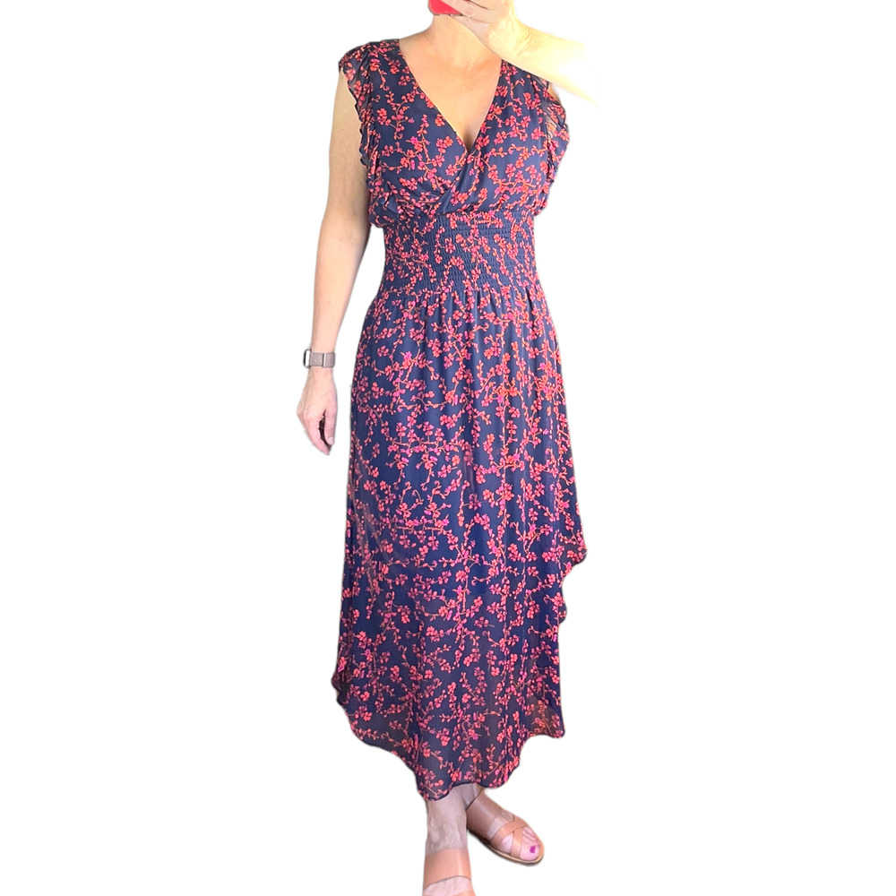 Q & A Los Angeles Navy Red Floral Midi Maxi Dress Flowy Short-sleeved Large